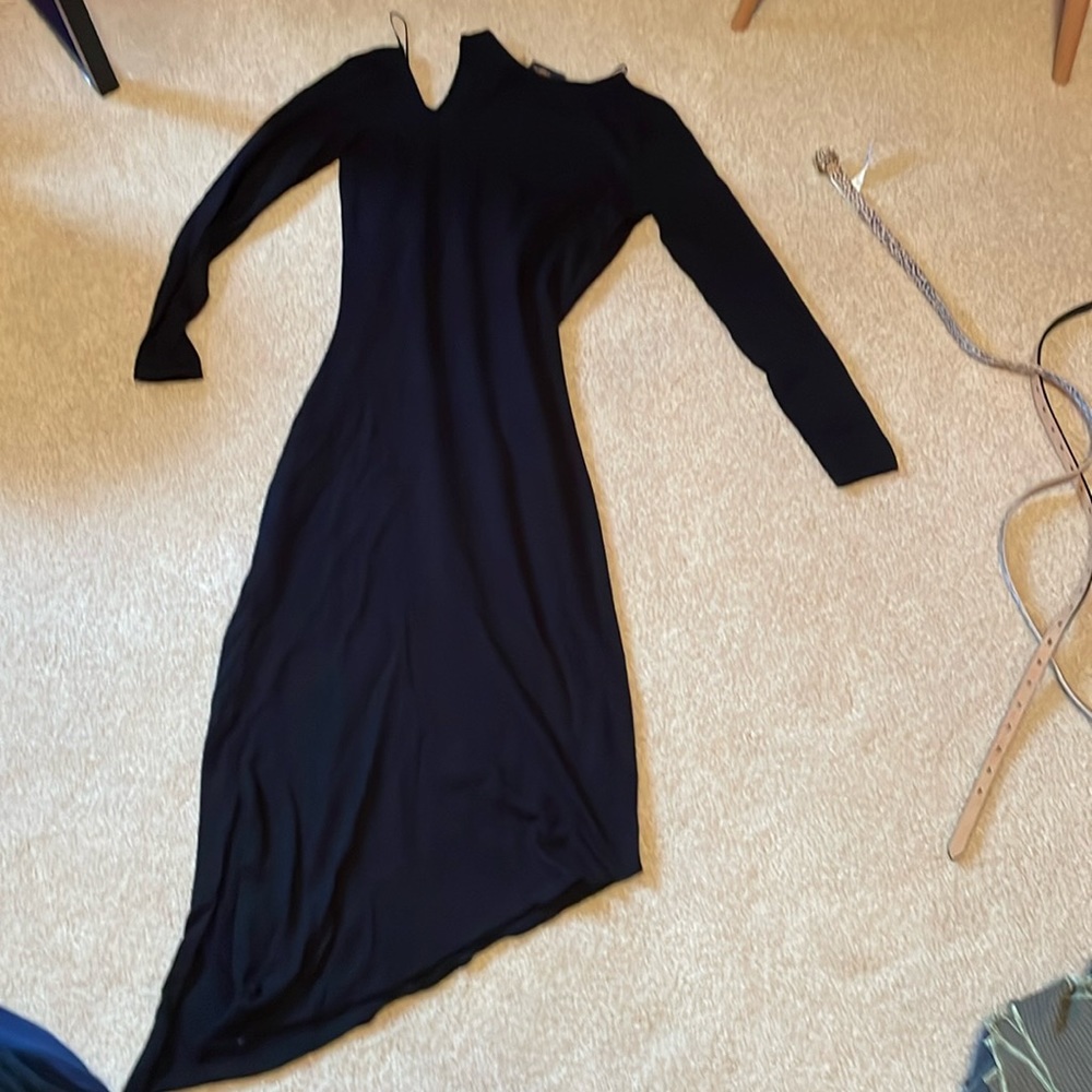 women’s long black dress long sleeve with cut out shoulder on one side